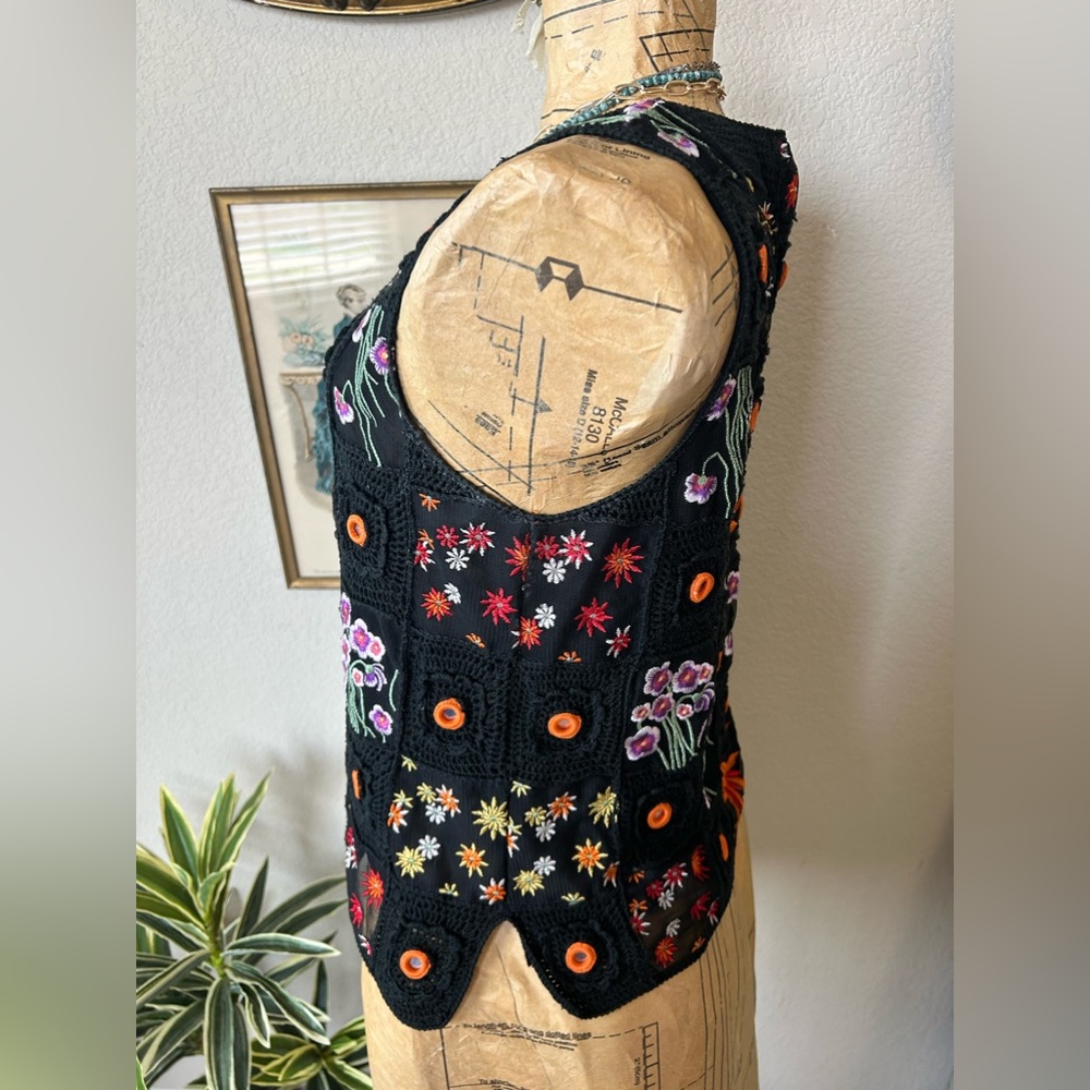 Jenni Max Y2K Black Colorful Crochet Embroider Sequin Silk Blend Boho Blouse XL - Picture 9 of 9